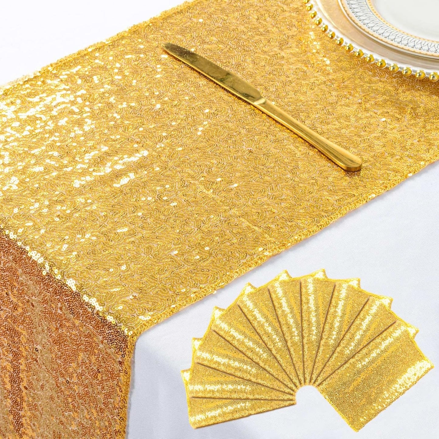 Gold Sequin Table Runners for Weddings and Events - 10 Pieces