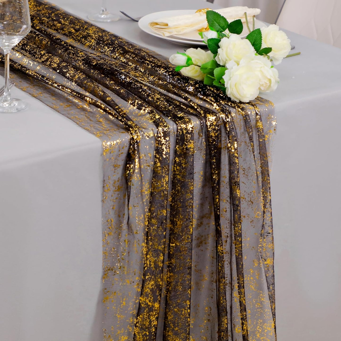 Elegant Black & Gold Cheesecloth Table Runner for Events