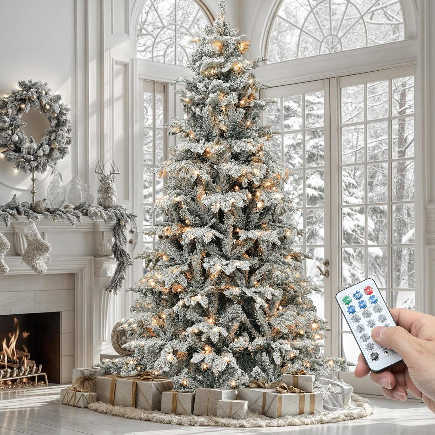 YITAHOME 7.5 FT Pre-Lit Flocked Christmas Tree with Remote