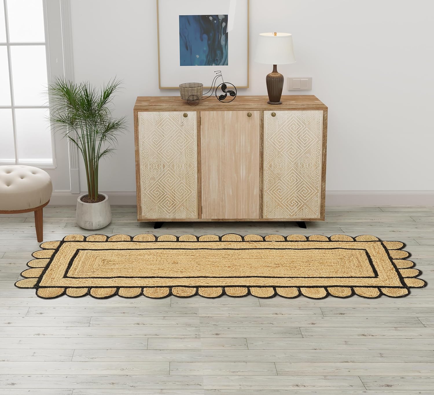 Scalloped Jute Area Runner Rug 2ft 6inx10ft ft for Home Decor