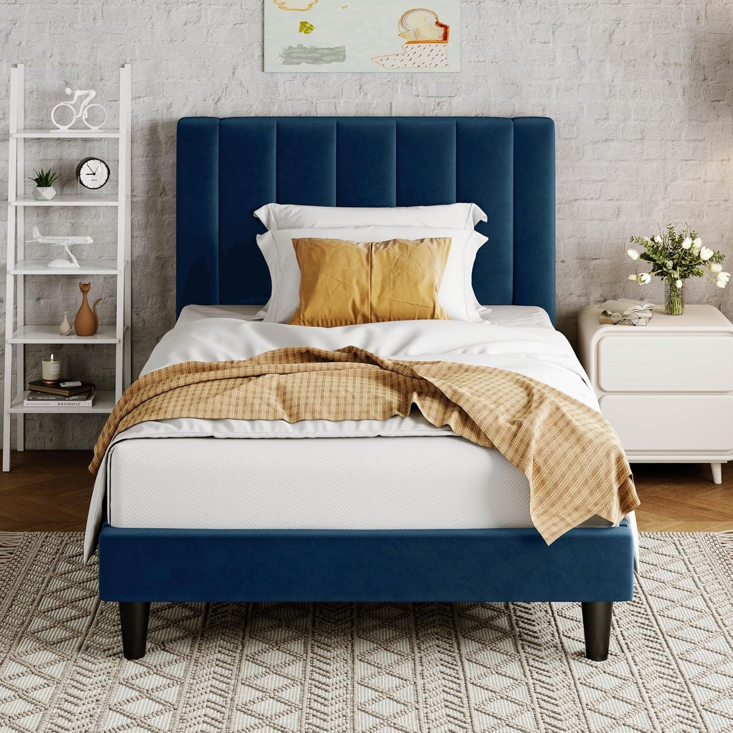 Allewie Twin Bed Frame with Velvet Upholstered Headboard
