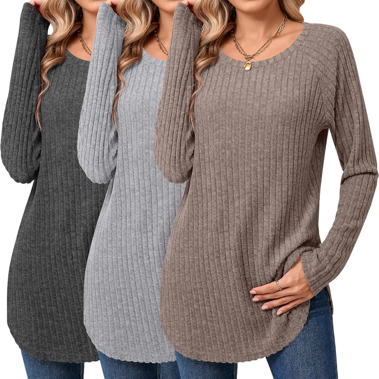 Ficerd Women's Curved Hem Long Sleeve Sweaters for Fall Style