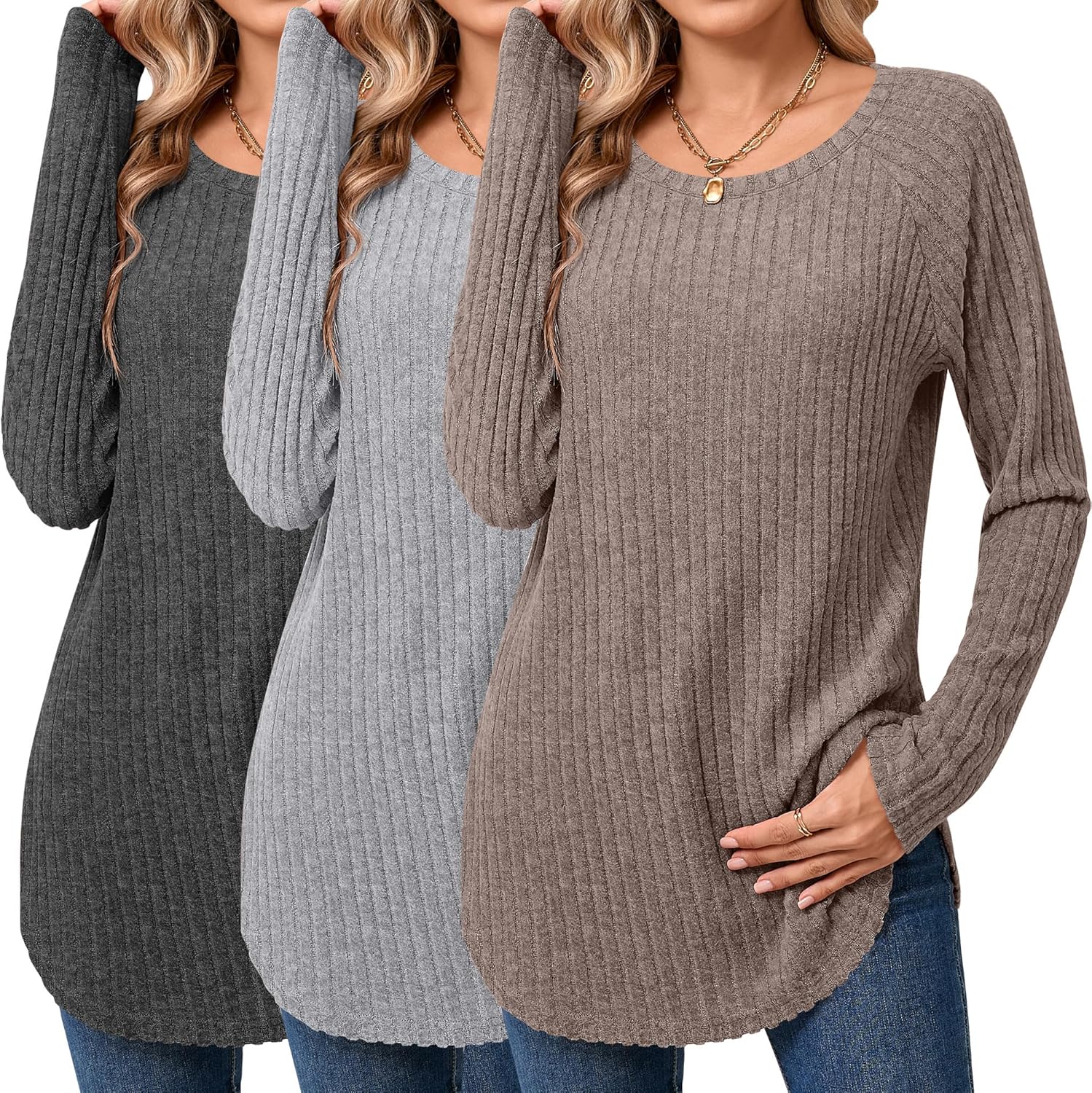 Ficerd Women's Curved Hem Long Sleeve Sweaters for Fall Style
