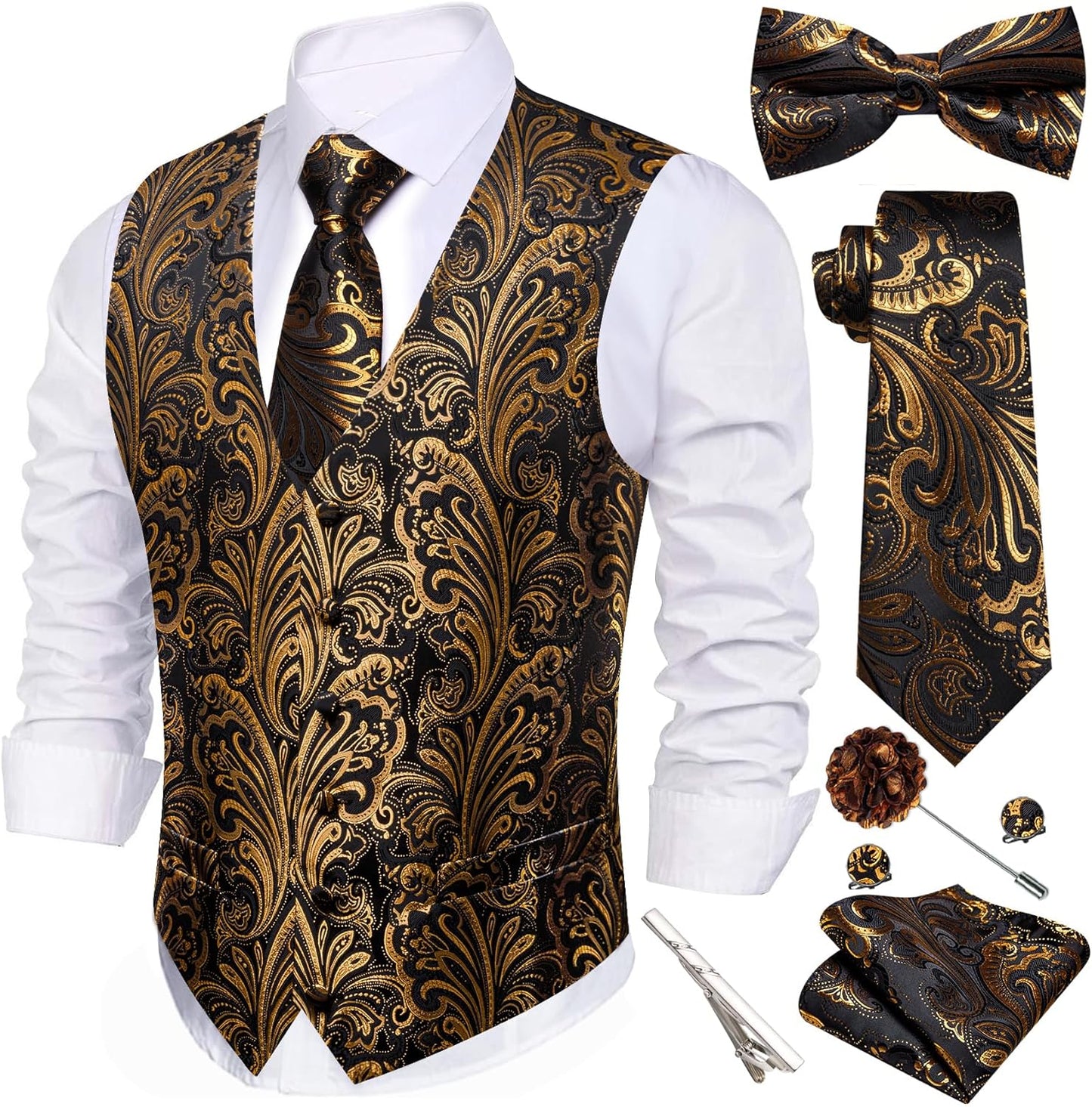 Barry.Wang Men's Suit Vest Tie Bowtie Set for Weddings