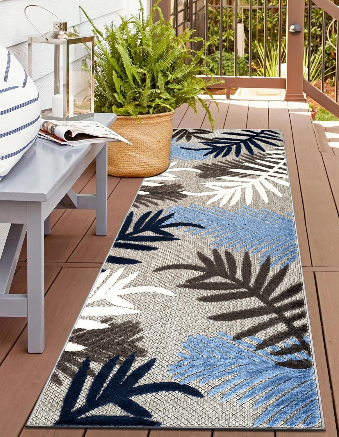 Rugshop Blue Palm Frond Indoor/Outdoor Runner Rug for Easy Care