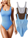 OQQ Women's 3 Piece Ribbed Square Neck Bodysuits - Soft Stretch