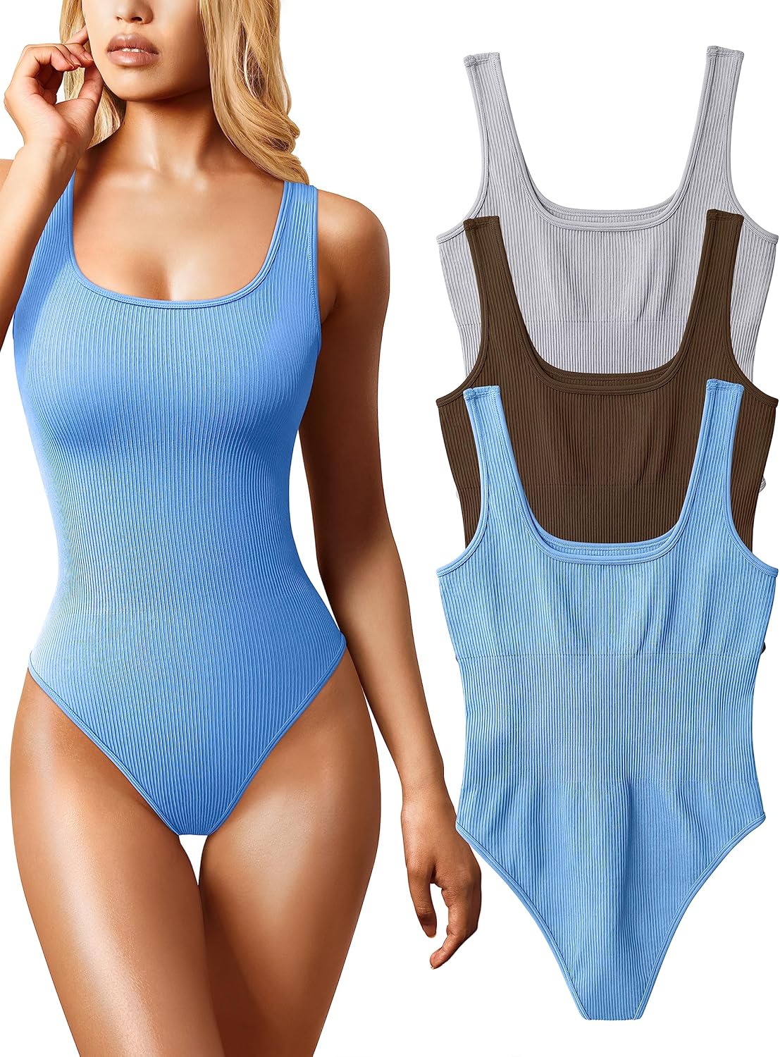 OQQ Women's 3 Piece Bodysuits Sexy Ribbed Sleeveless Tops