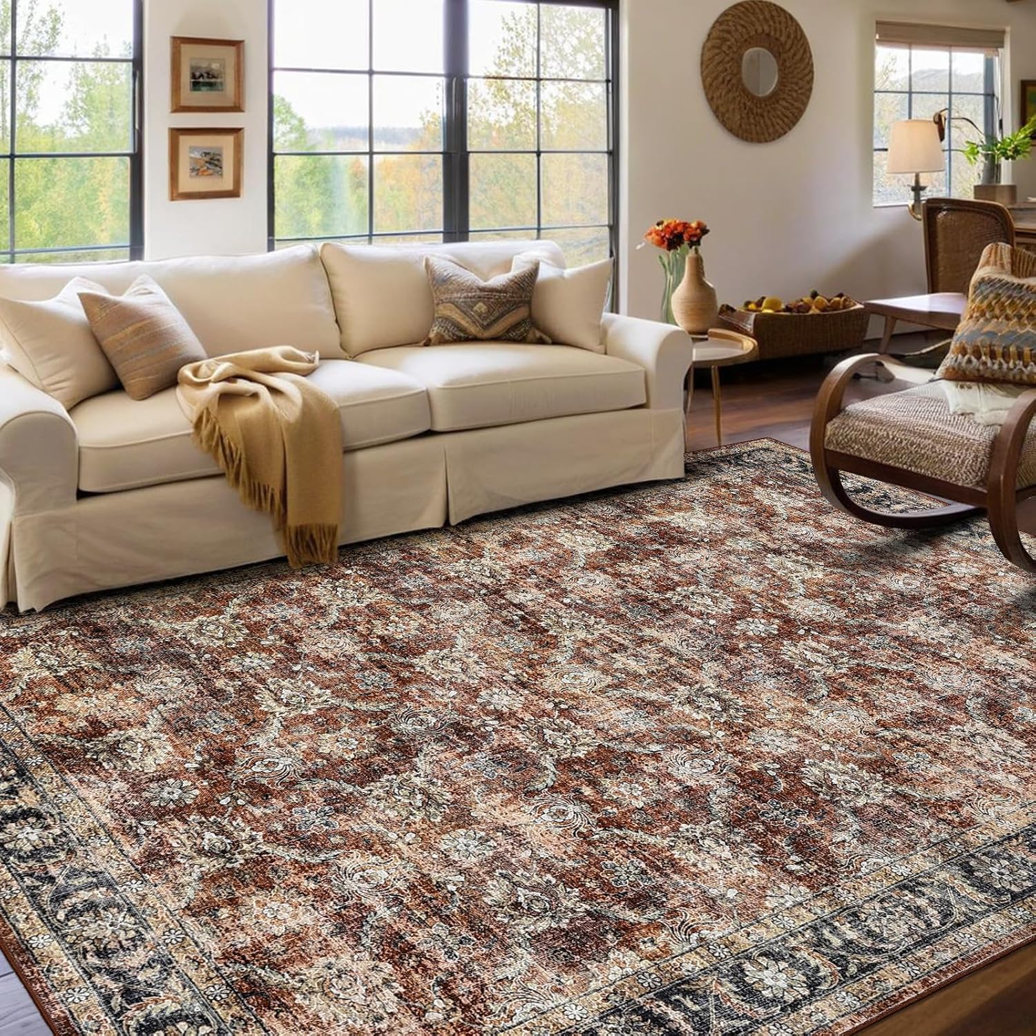 Vintage Floral Print Area Rug 5x7 for Living Room and Bedroom