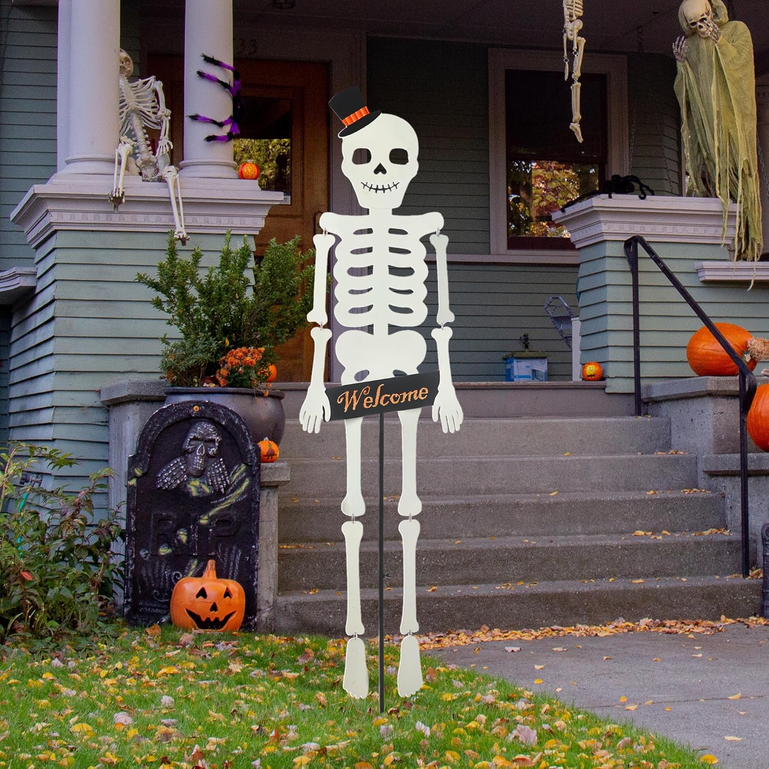60 H Metal Halloween Dangling Skeleton Yard Stake for Decor