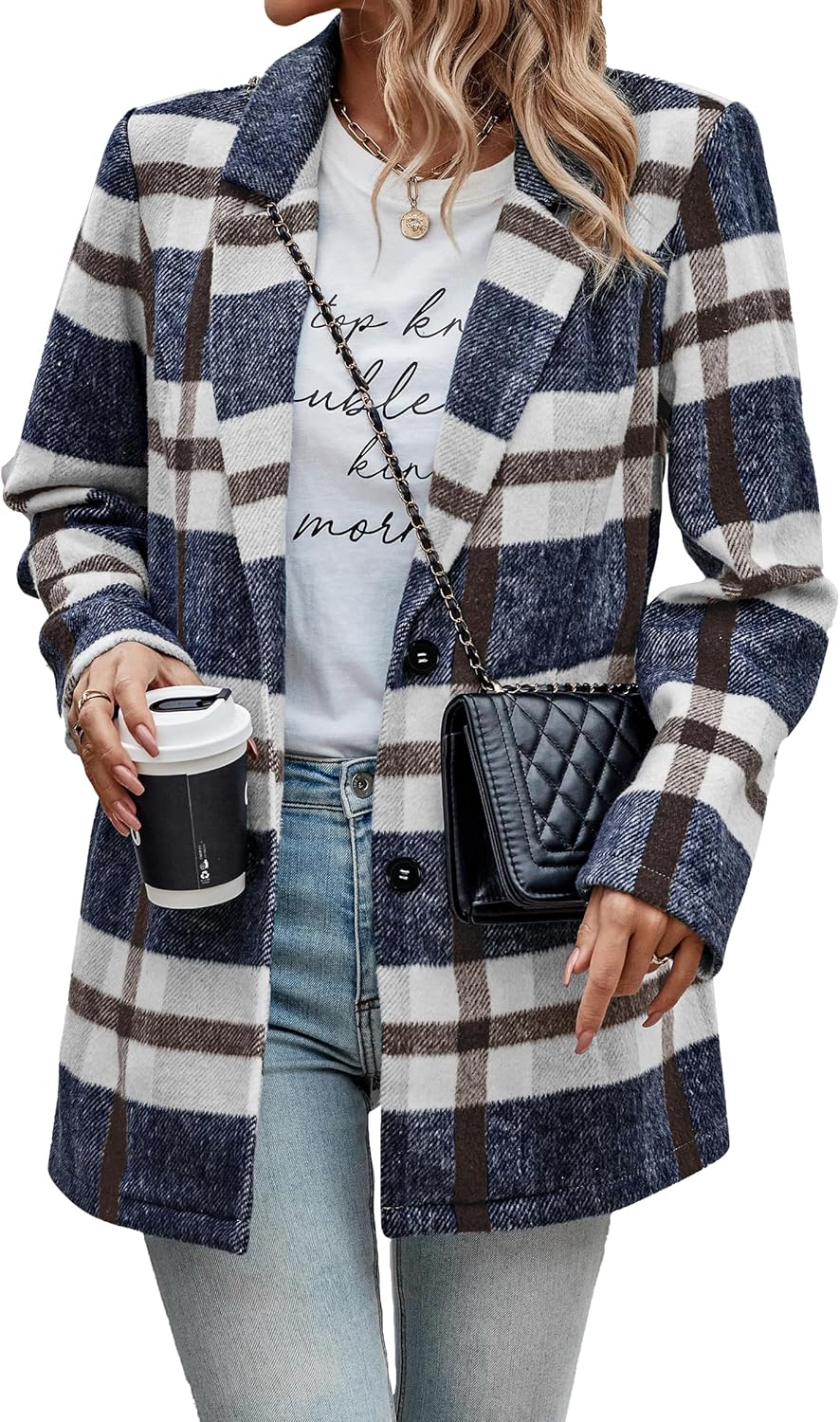 Plaid Shacket Jacket for Women with Pockets and Button Closure