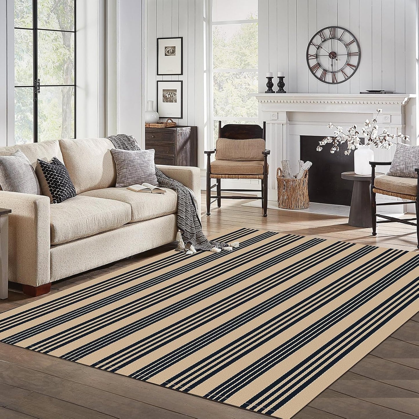 IOHOUZE Black and Tan Striped Rug for Indoor and Outdoor Use