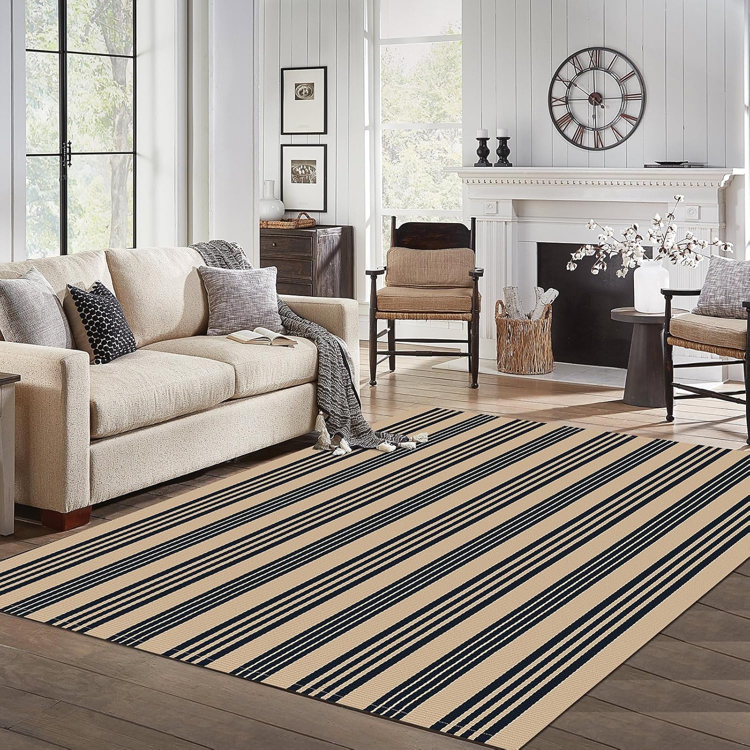 IOHOUZE Black and Tan Striped Rug for Indoor and Outdoor Use