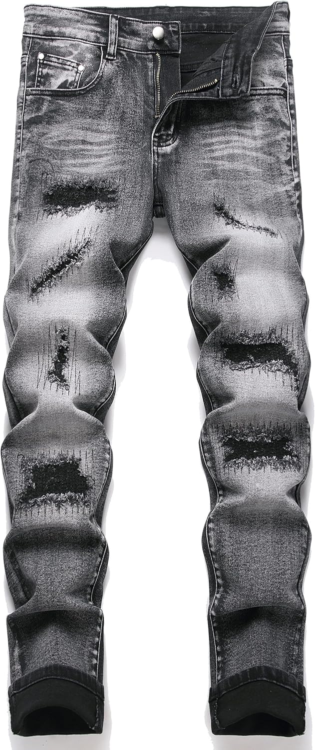 OIIIO Men's Patch Ripped Stretch Regular Fit Jean for Comfort
