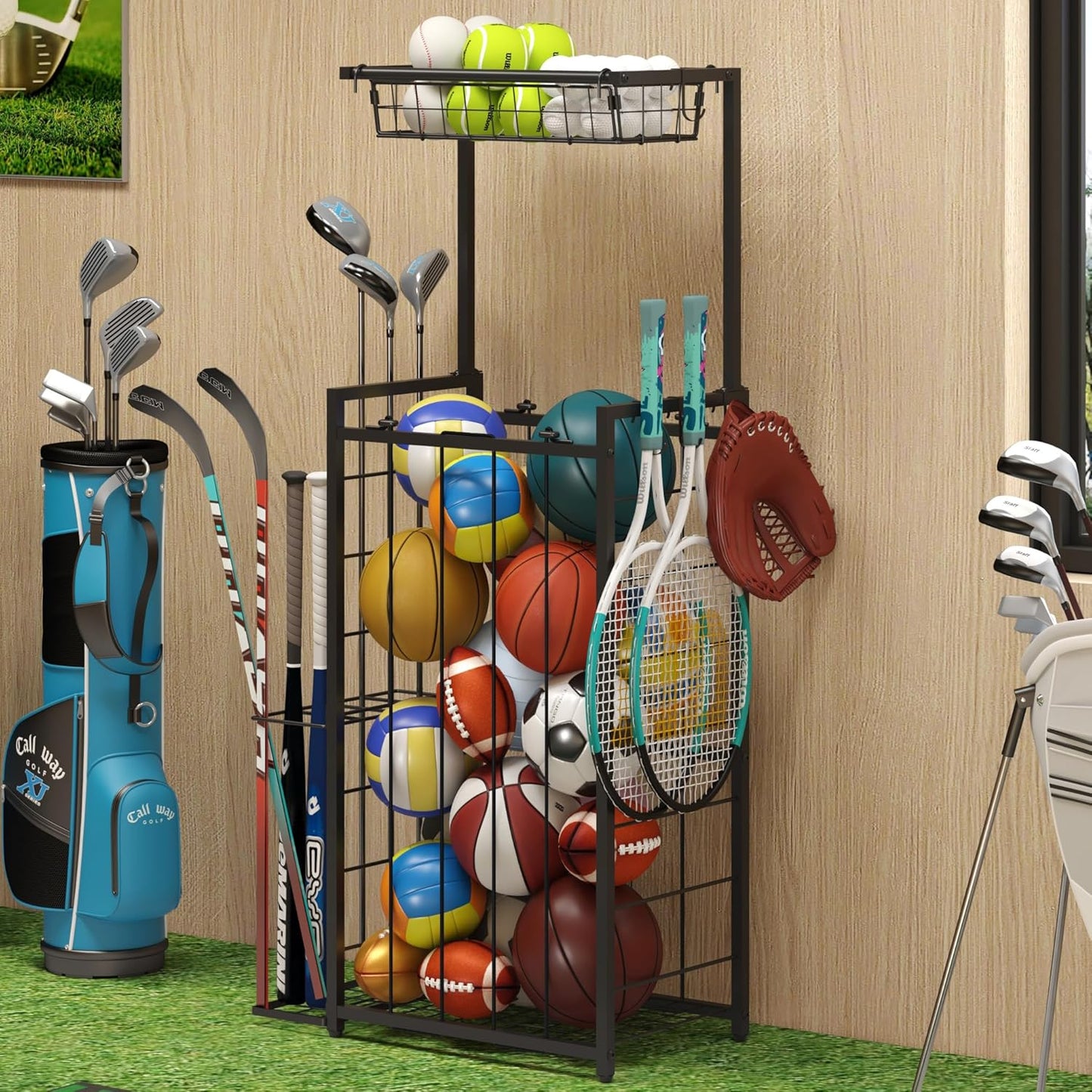 Sports Equipment Organizer with Elastic Straps and Hooks for Storage
