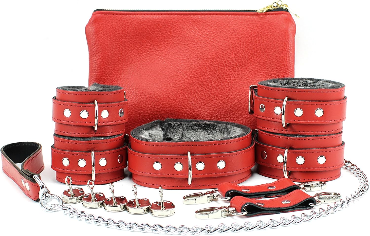 Barcelona 7-Piece Set Chic Top Grain Leather Cuffs and Leash