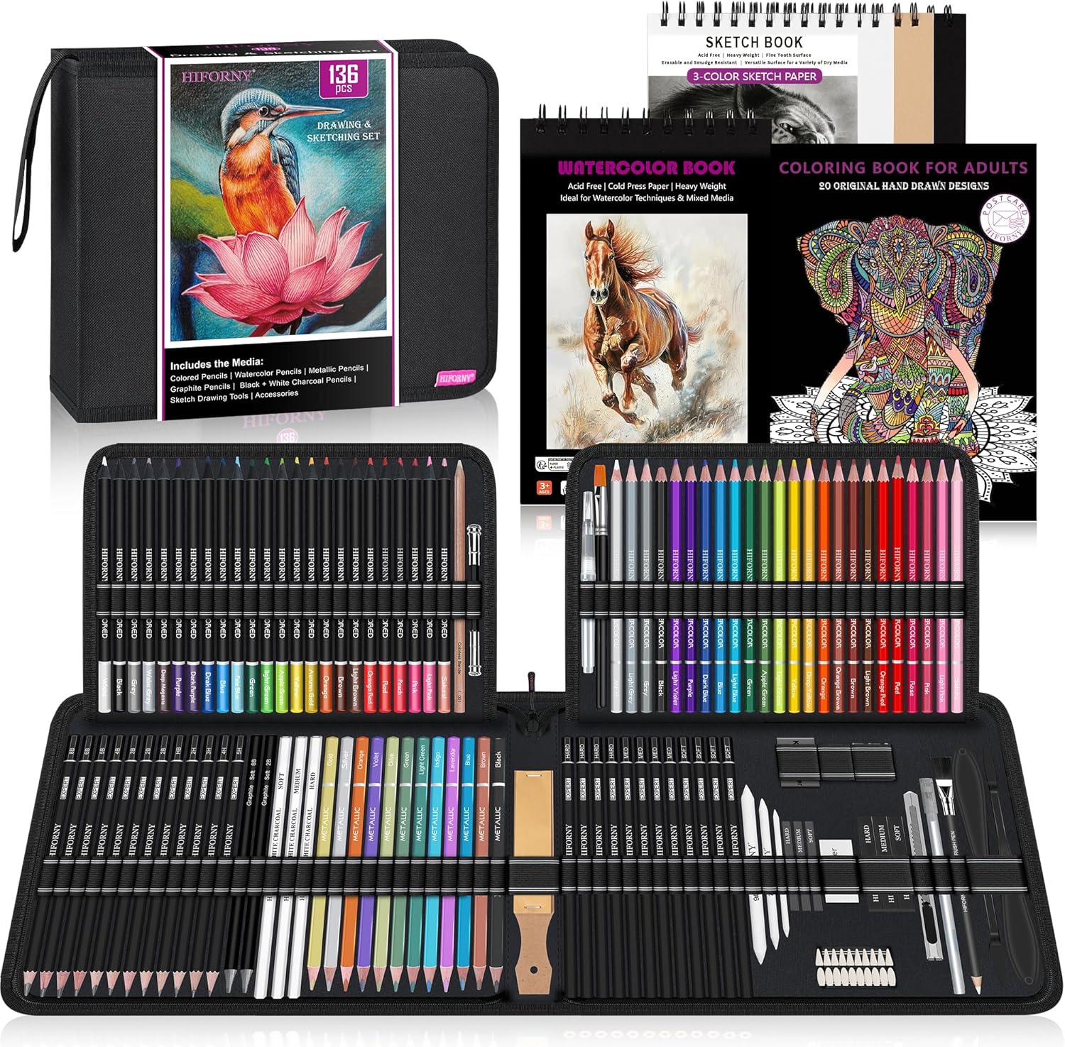 HIFORNY 136 PCS Drawing & Sketching Set for Artists and Students