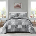 Black Grey Boho Quilt Set King Size - Reversible Plaid Floral
