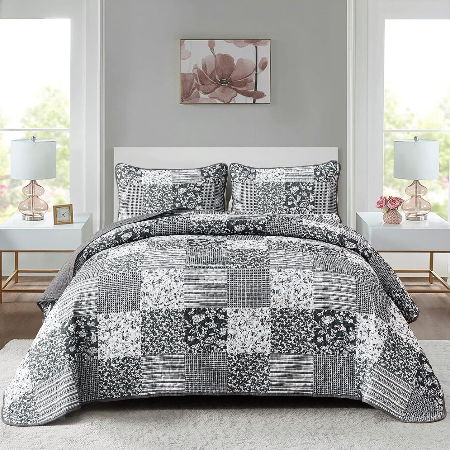 Mybedsoul Black Grey Boho Quilt Set King Size for All Seasons