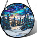 Stained Glass Window Hanging Starry Sky Trees and Snow - Colorful