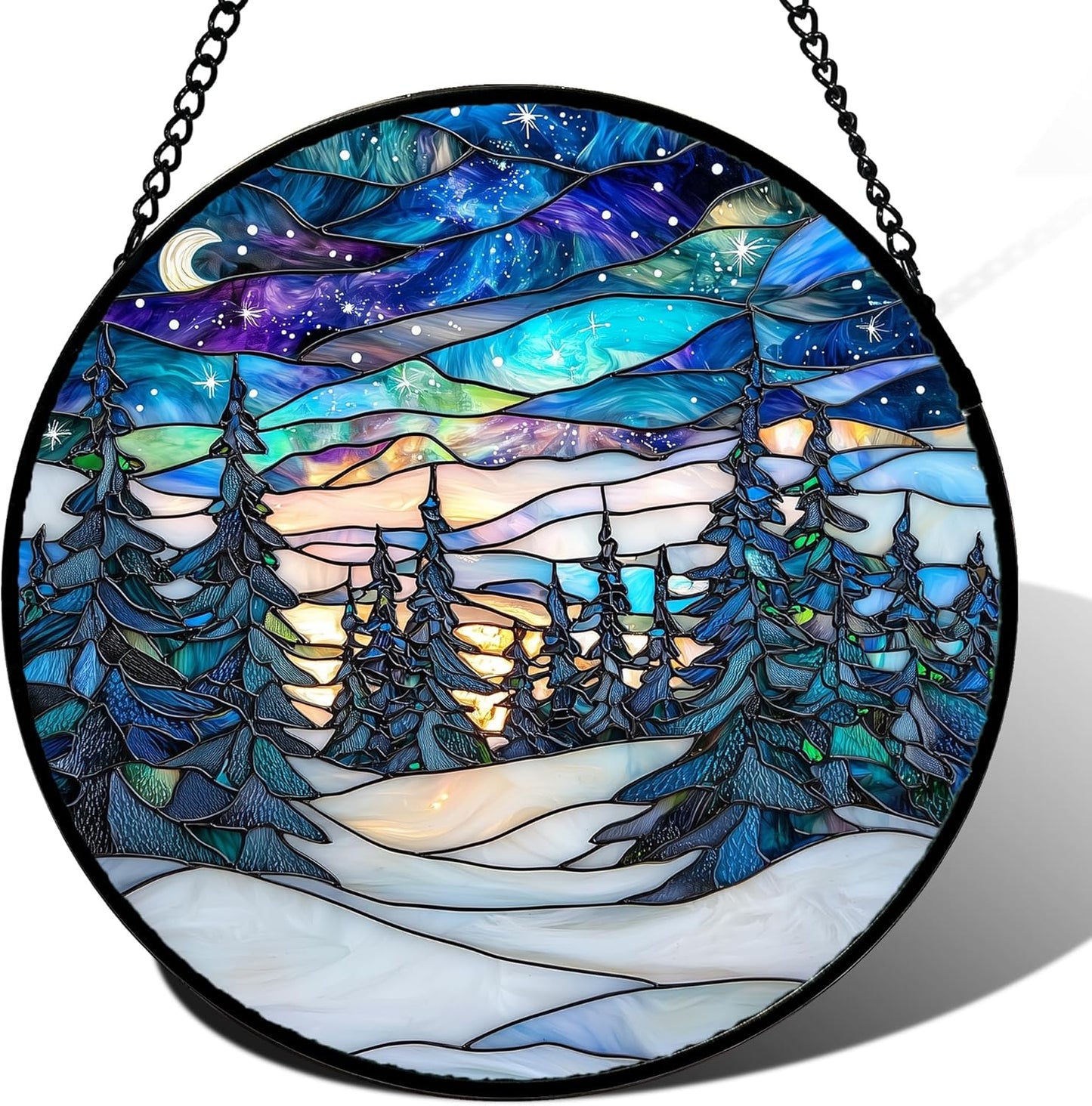 Stained Glass Window Hanging Starry Sky Trees and Snow Decor