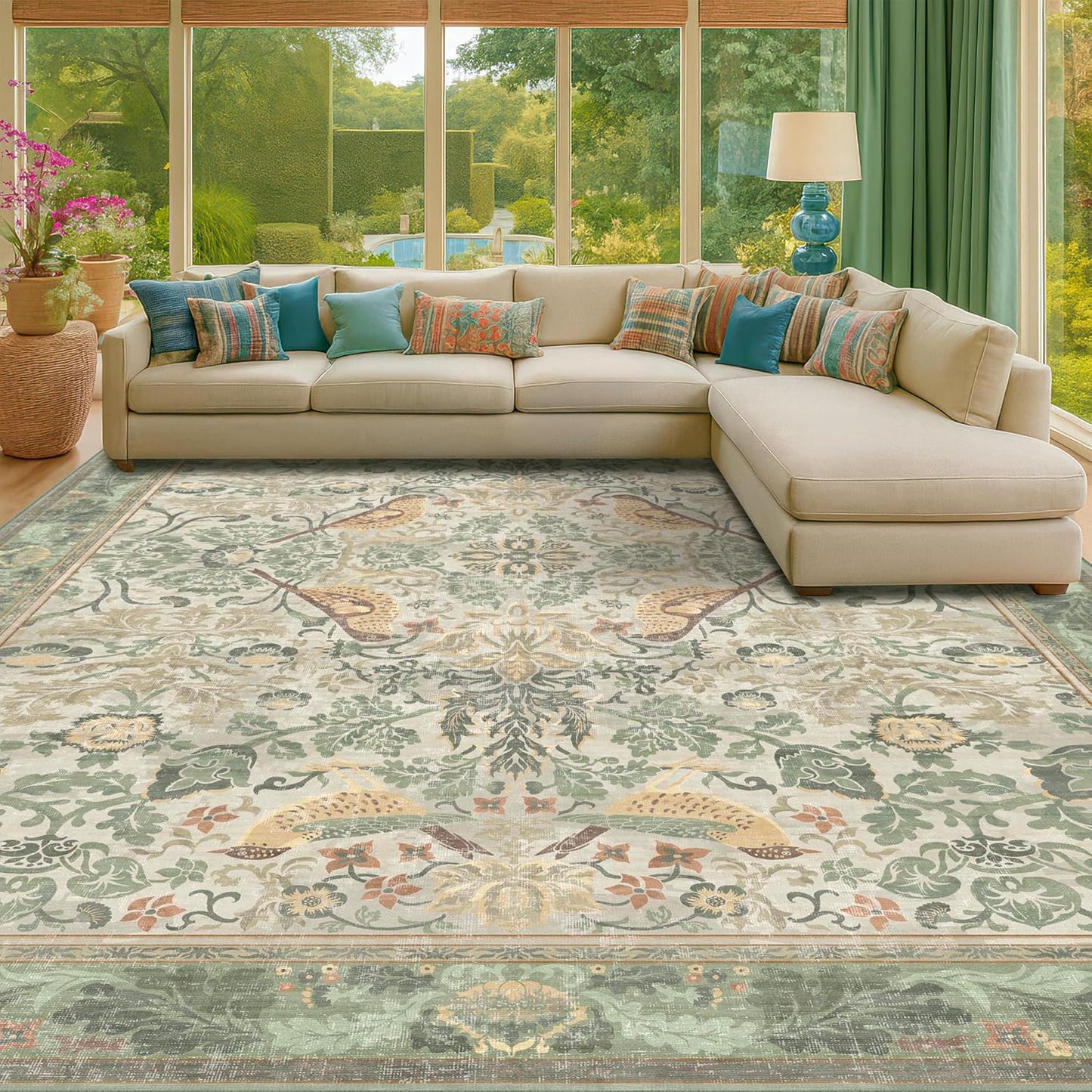 Washable Floral Bird Rugs for Living Room - Elegant Sage Green