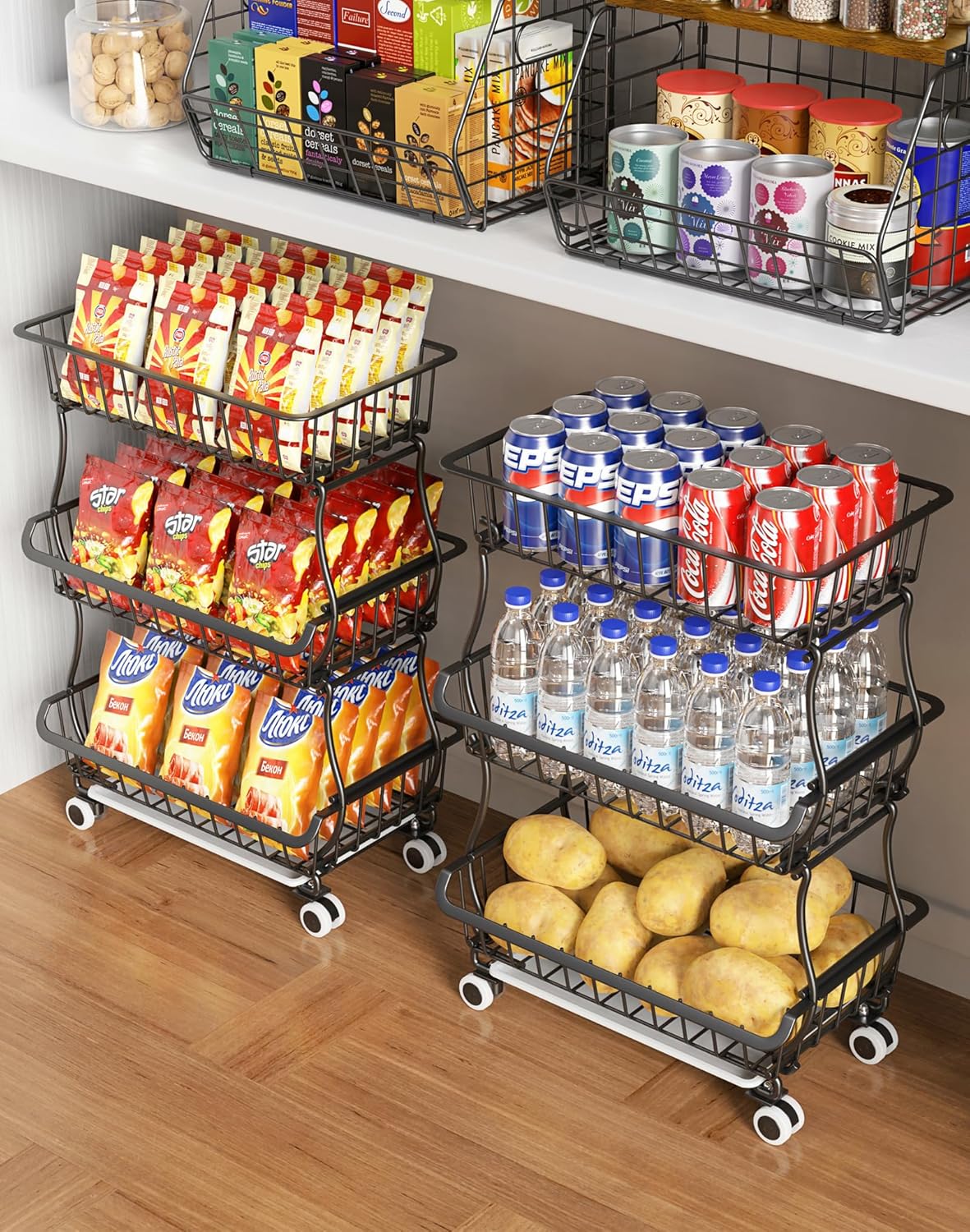 3-Tier Rolling Pantry Floor Organizer with Wheels for Storage