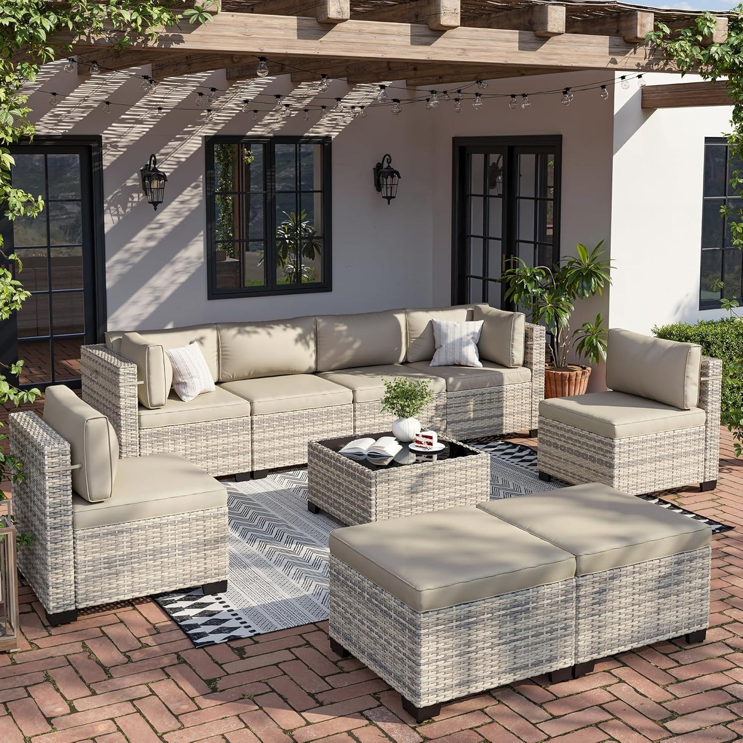 9-Piece Modular Patio Furniture Set with Ottomans for Outdoor Use
