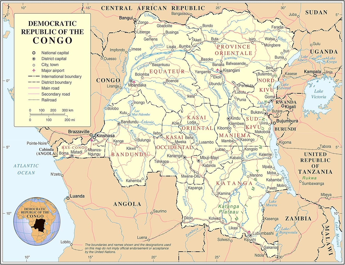 Large Congo Dem. Rep. Map: Roads, Cities, Airports!