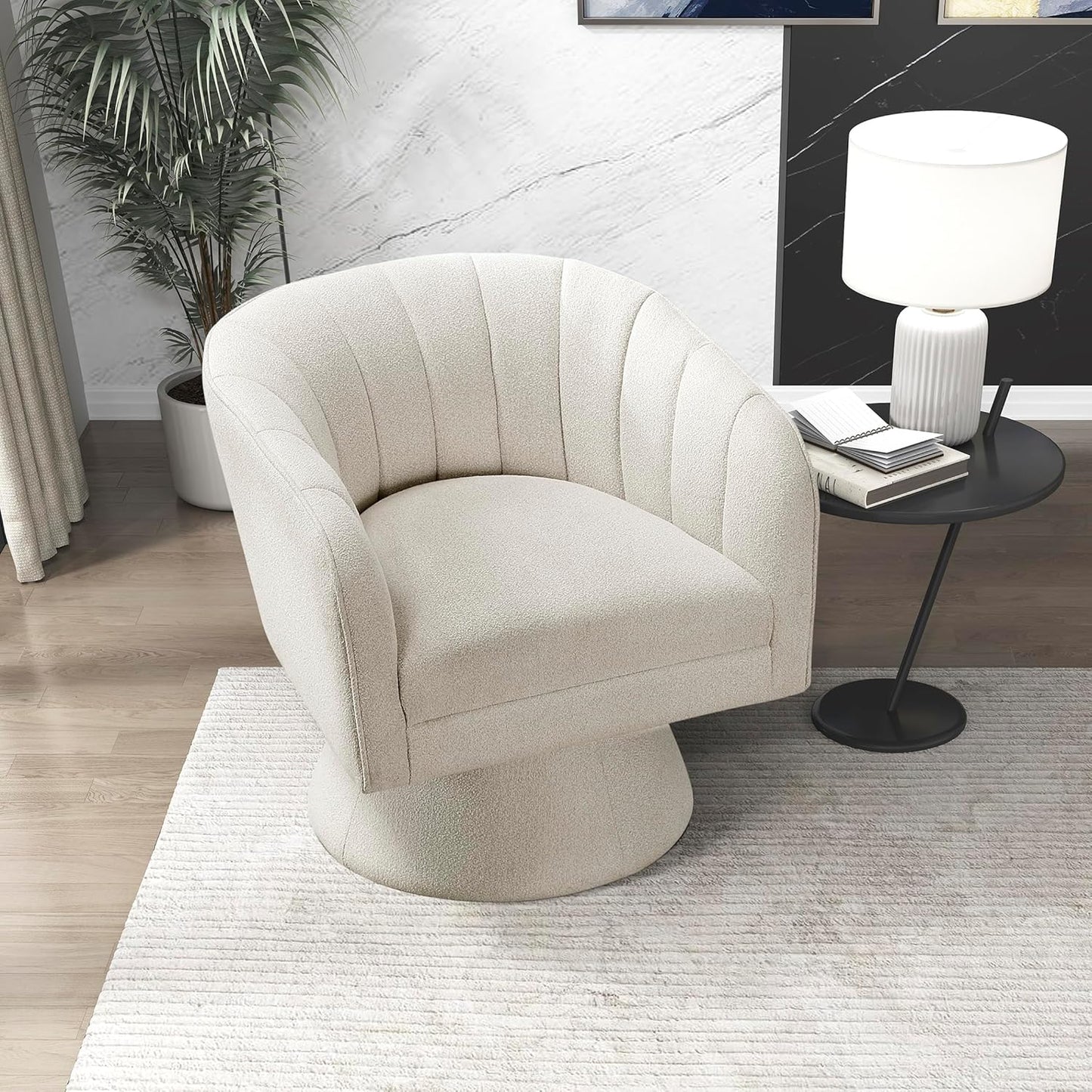 Swivel Barrel Chair, Boucle Fabric, Hidden Seating - Beige