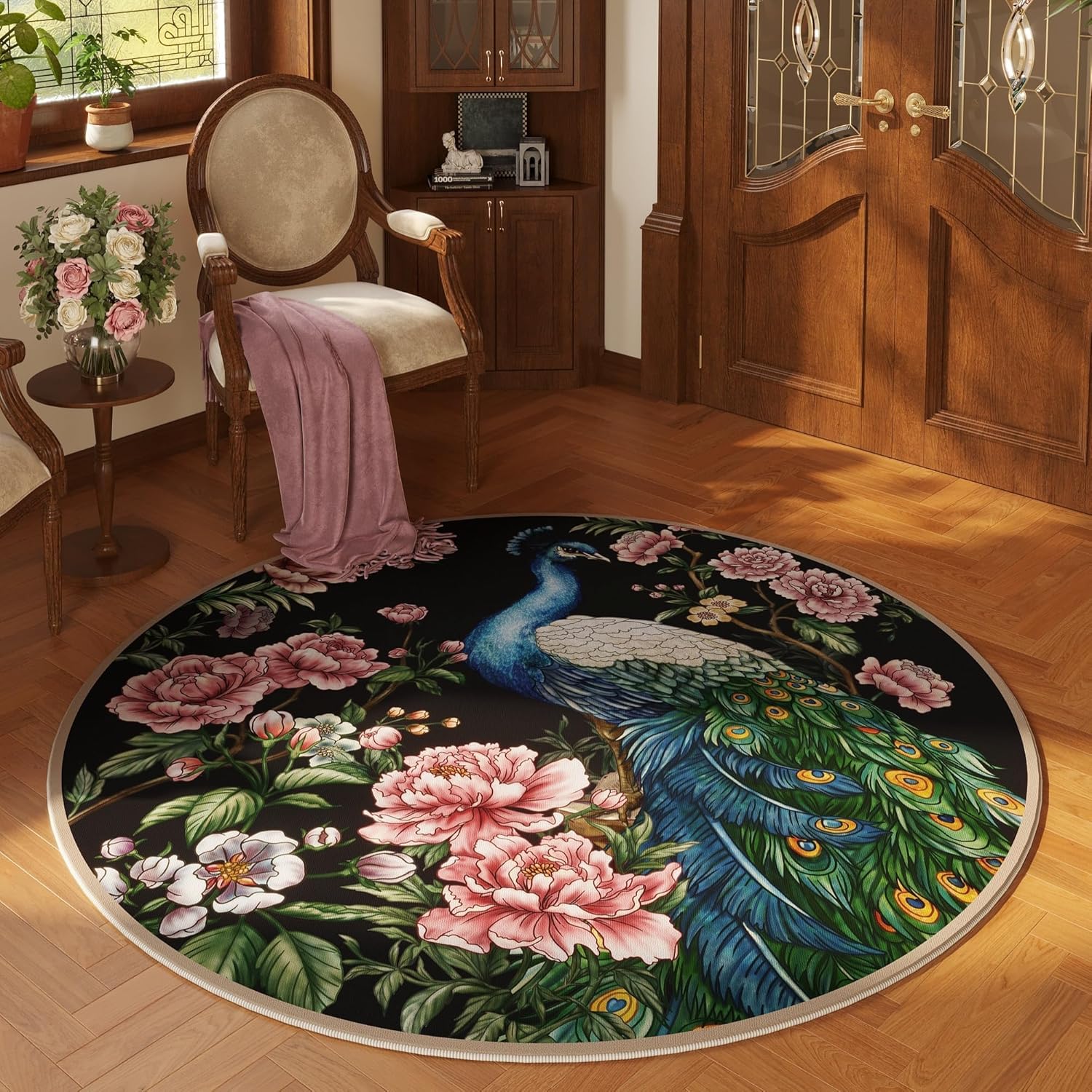 Round Rug 4ft Washable Non Slip Floral Peacock Design for Home