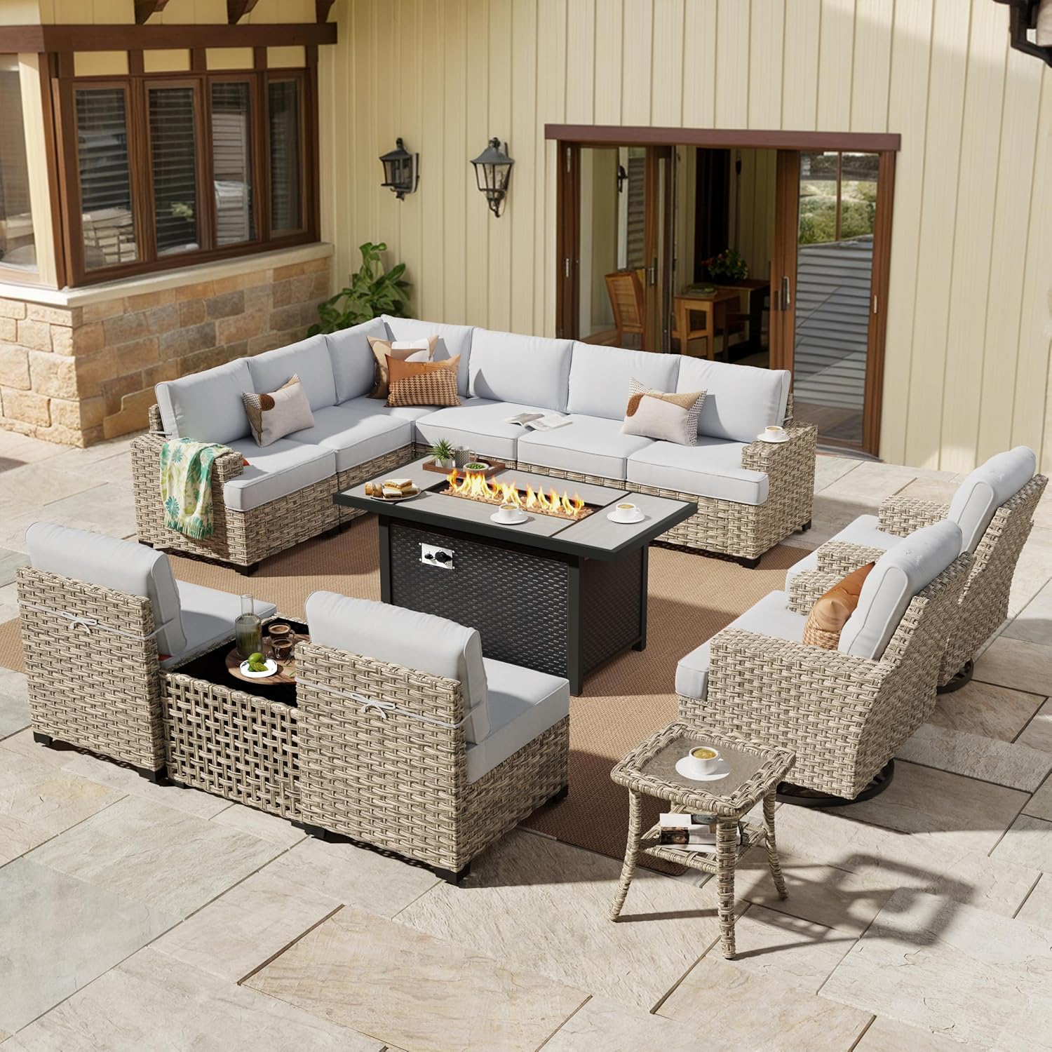 HOOOWOOO Outdoor Sectional Patio Furniture Set with Fire Pit