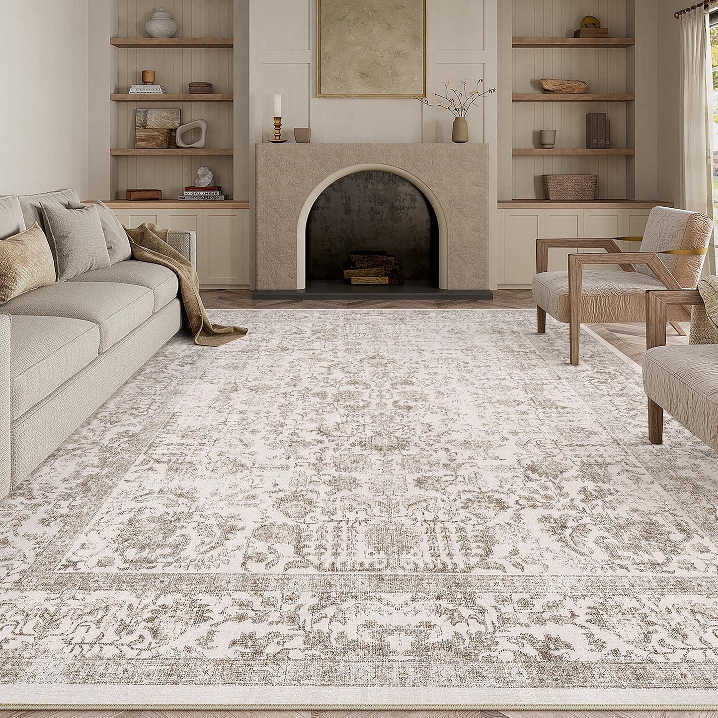 Light Brown Area Rug 8x10 for Vintage Living Room Decor