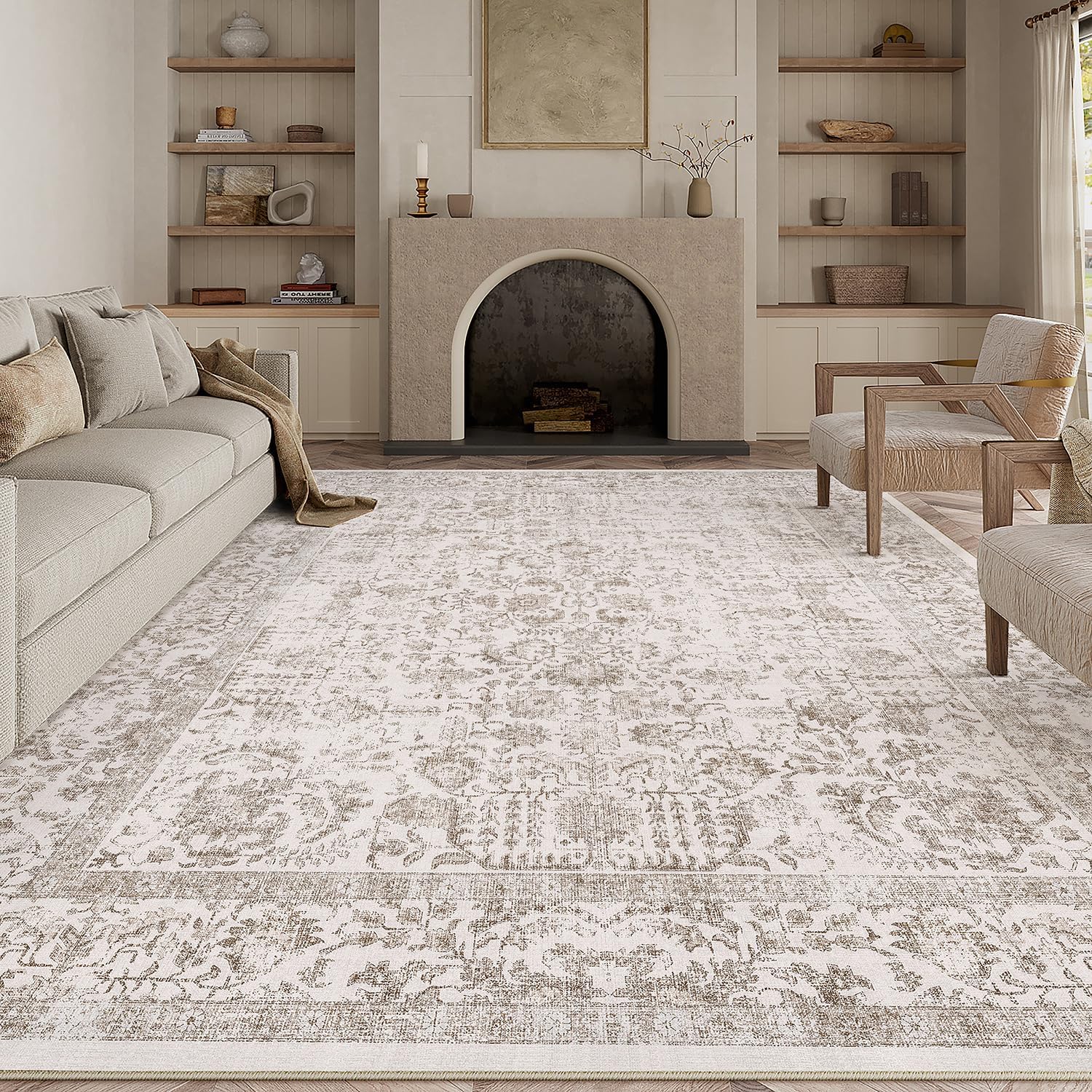 Light Brown Area Rug 8x10 for Vintage Living Room Decor