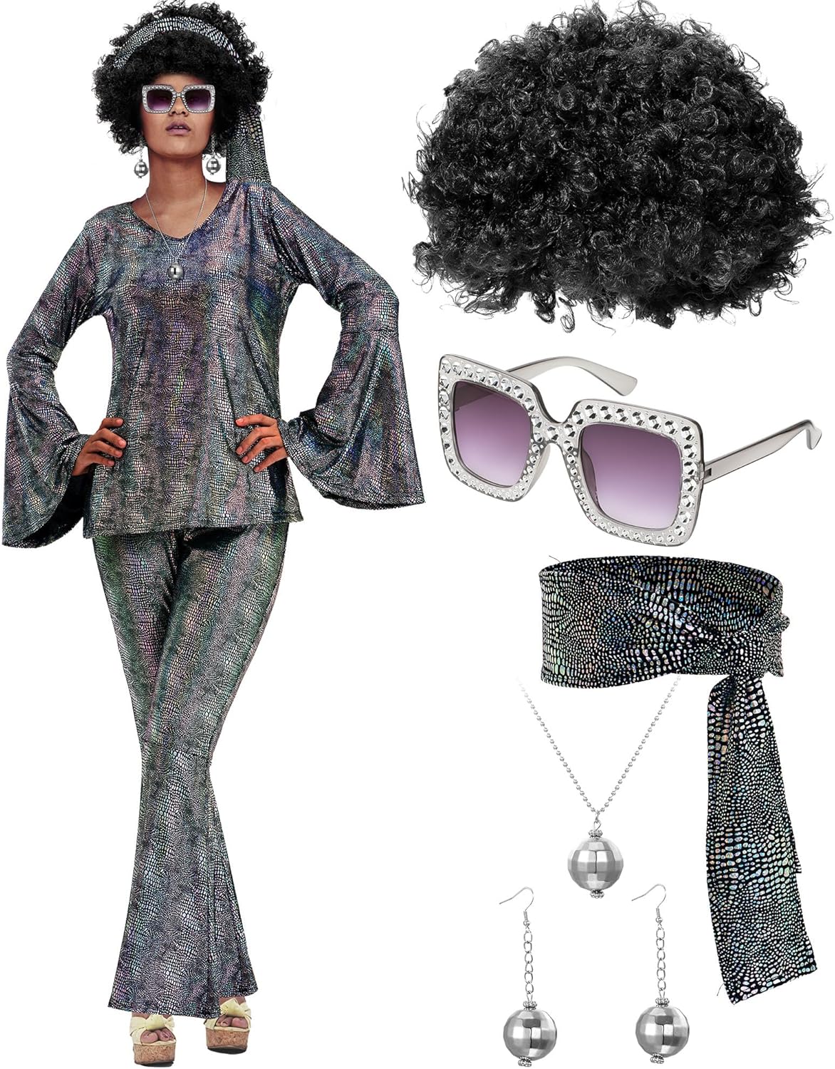 Jexine Halloween 70s Women Disco Outfit Costume Set for Parties