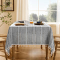 Hemstitched Embroidery Striped Boho Tablecloth 60x104 in - Heavy Linen