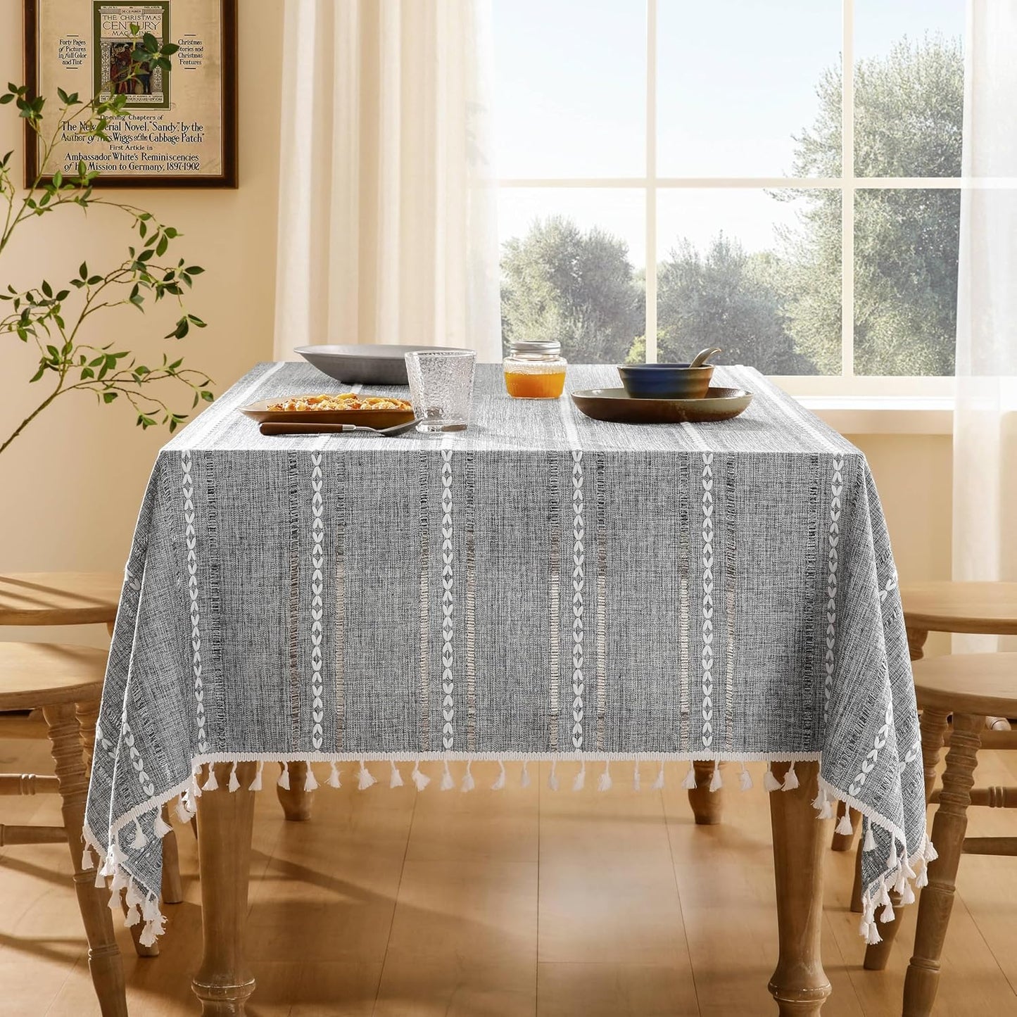 ZeeMart Hemstitched Embroidery Striped Boho Tablecloth 60x104 in