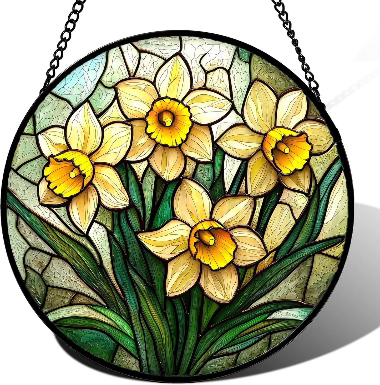 Stained Glass Window Hanging Daffodil Plant Flowers Suncatcher