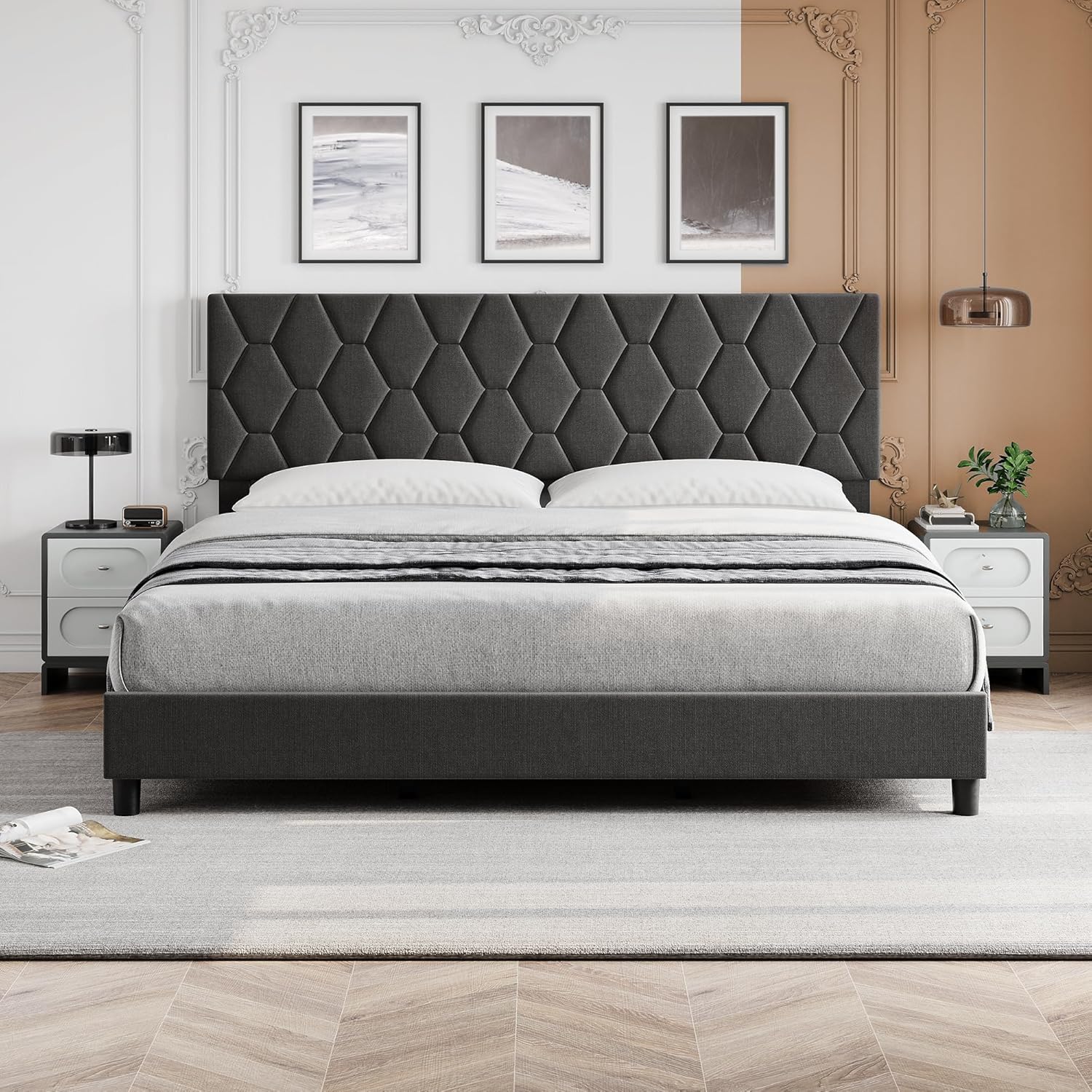 GAOMON Grey King Upholstered Bed Frame: Sturdy & Elegant Design