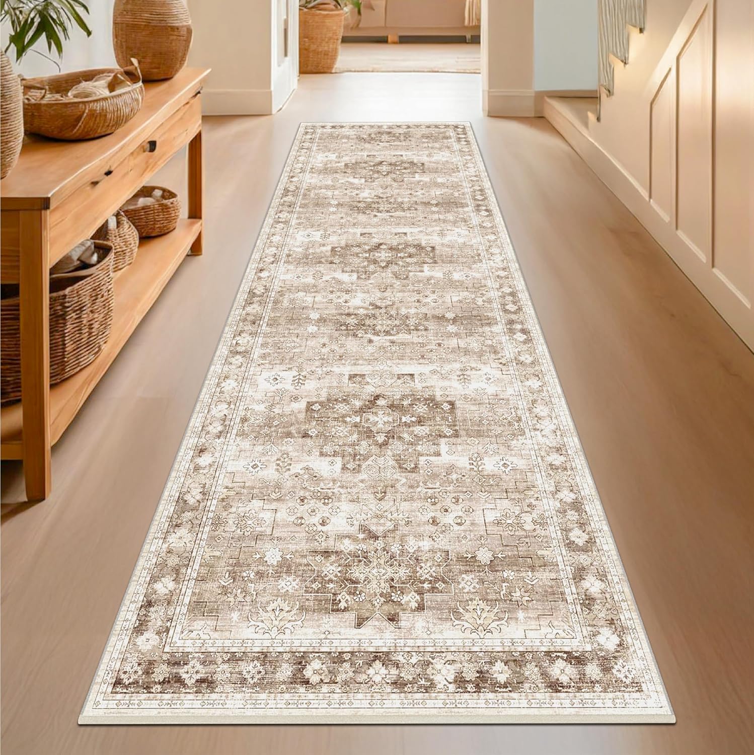 Beige Washable 2ft 6inx8ft Hallway Runner Rug for Stylish Decor