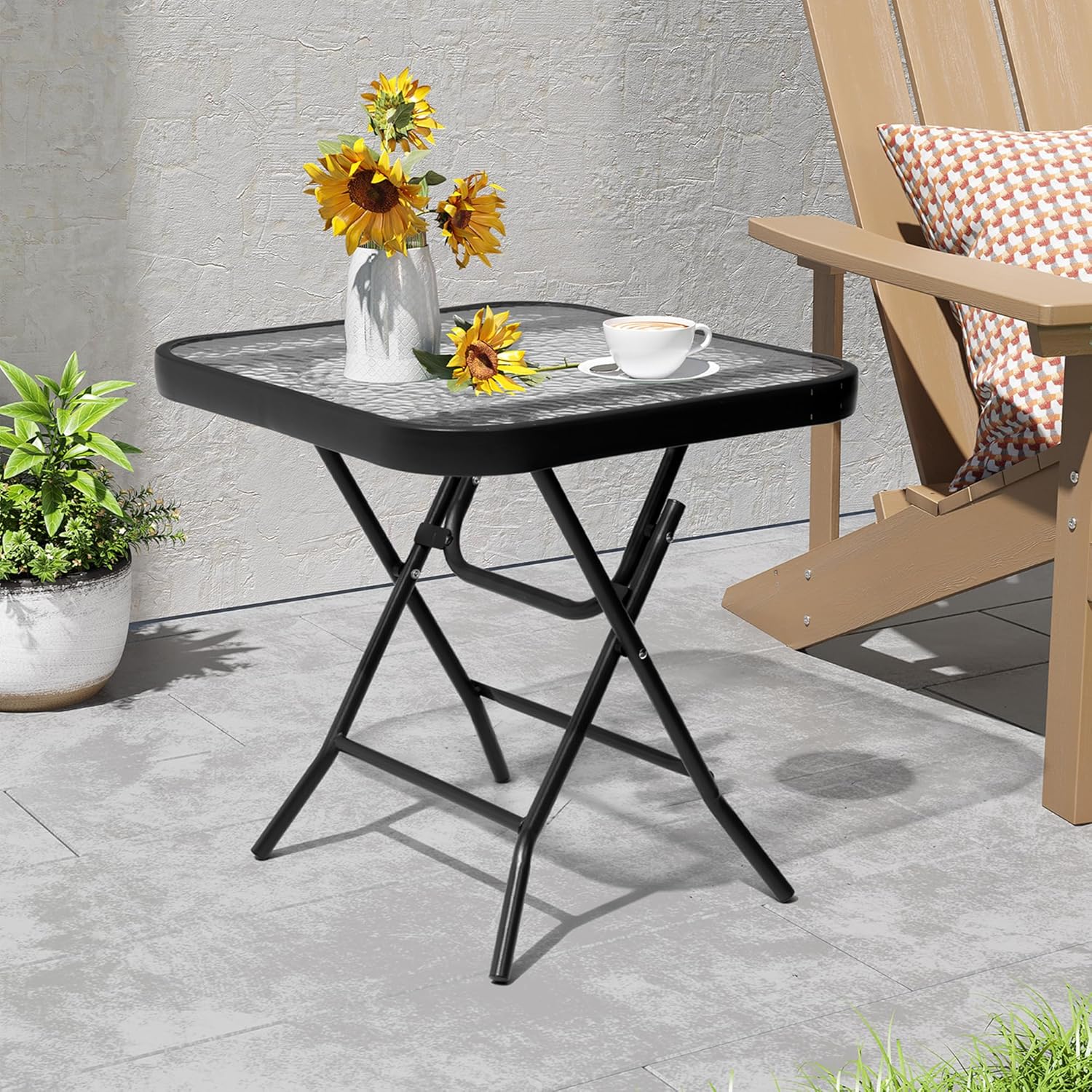 Foldable Outdoor Side Table with Tempered Glass Top for Patio