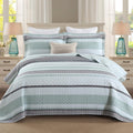 Cotton King Size Quilt Set - Lightweight Mint Green Striped Comforter
