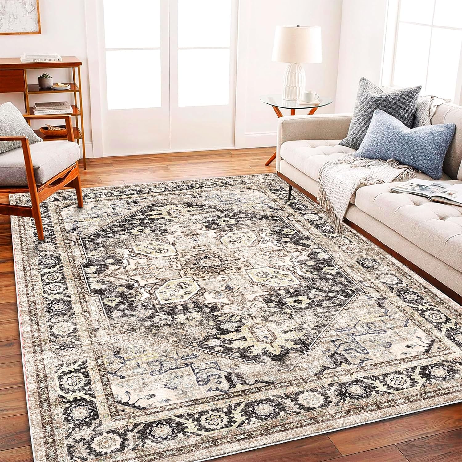 Vintage Traditional Area Rug 6ftx9ft Black-Purple Khaki Washable
