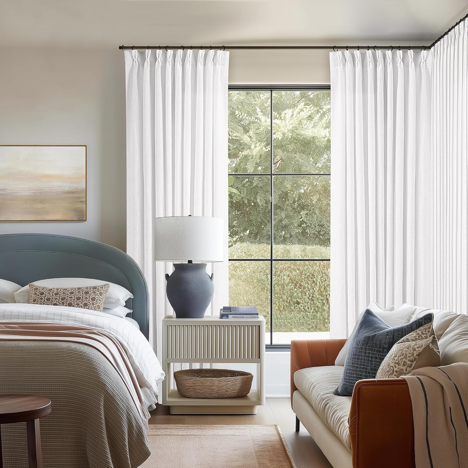 Snow White Pinch Pleated Linen Curtains for Elegant Living Spaces