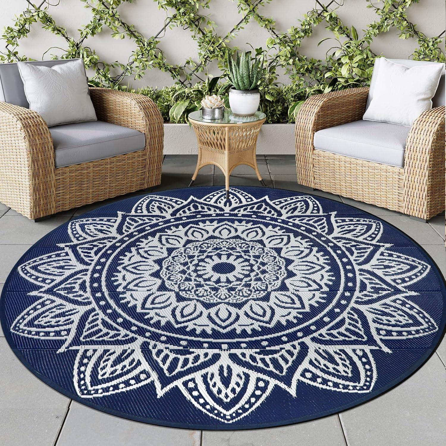 famibay Round Outdoor Rug 8ft Waterproof Boho Patio Carpet
