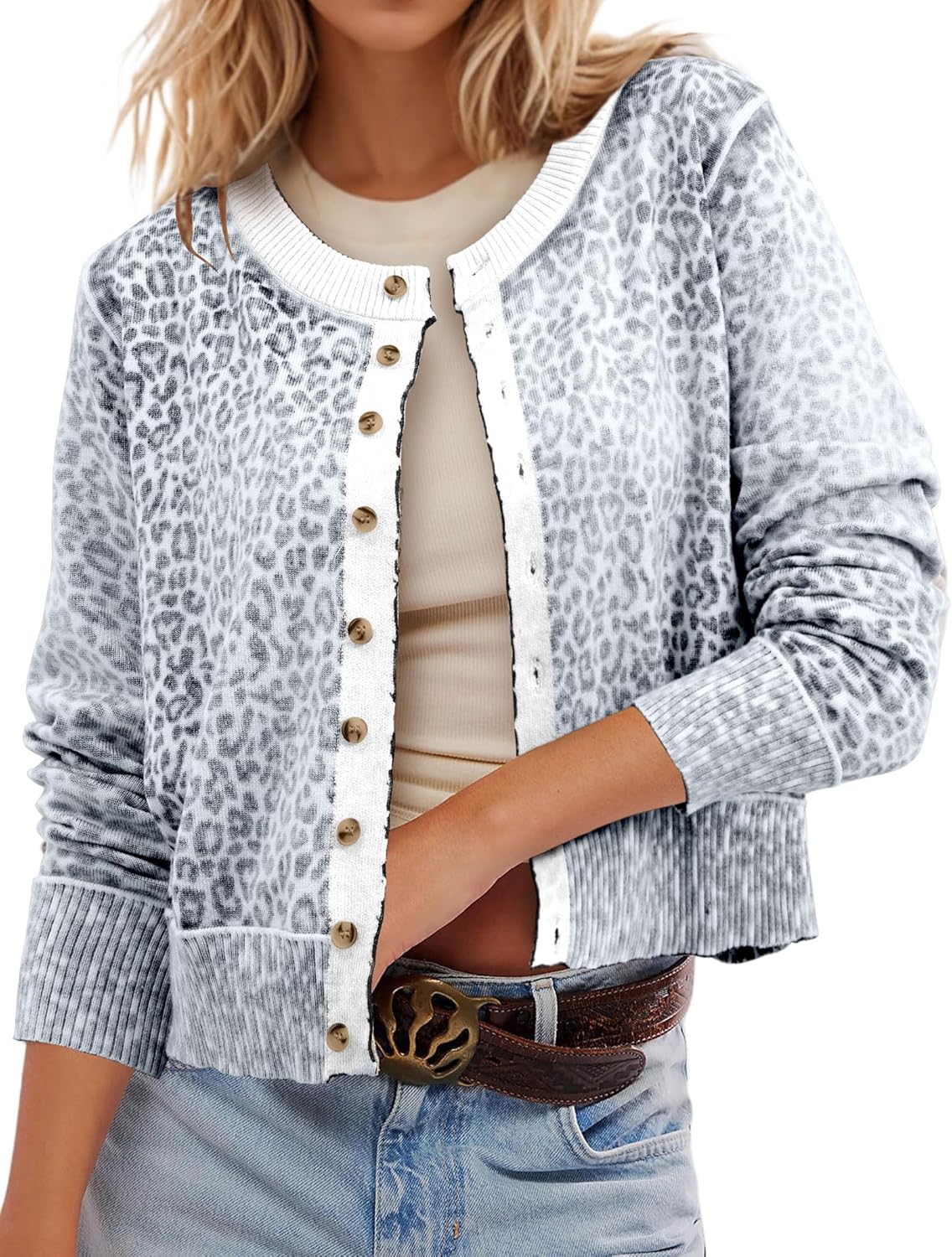 Leopard Cardigan Open Front Button Up Sweaters for Women