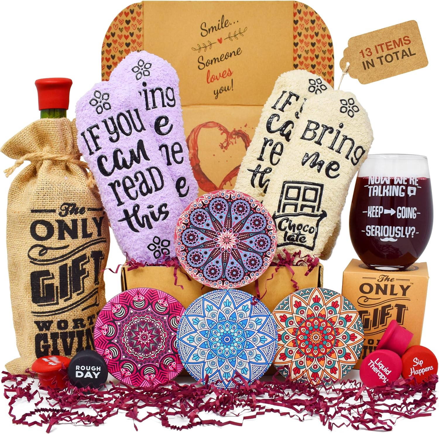 Unique Wine Gift Basket with 13 Fun Accessories for Women