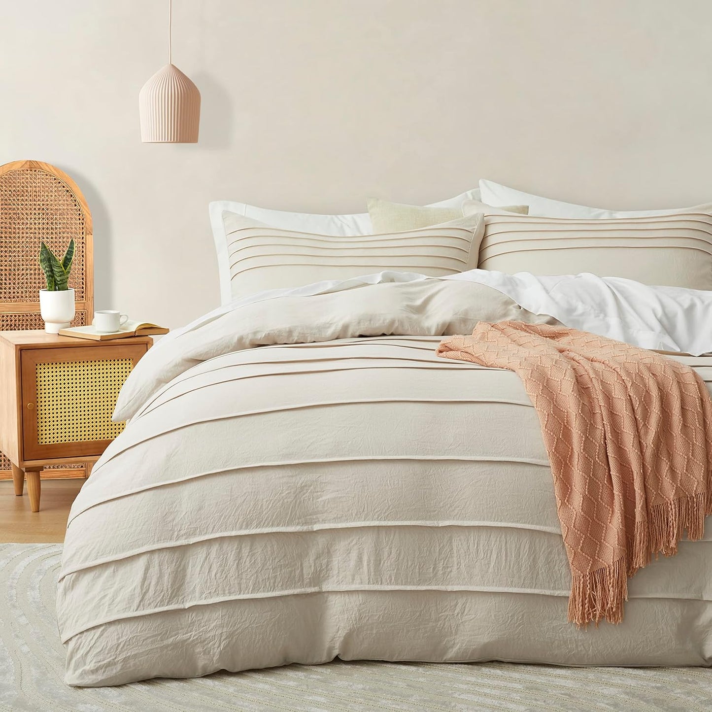 Oli Anderson Beige Duvet Cover Queen Size - Soft Pleated Bedding