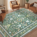 5x7 Green Area Rug Washable Boho Floral - Low Pile Soft Rug