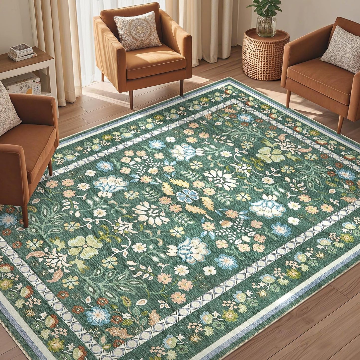5x7 Area Rug - Washable Boho Vintage Floral Soft Non Slip Rug