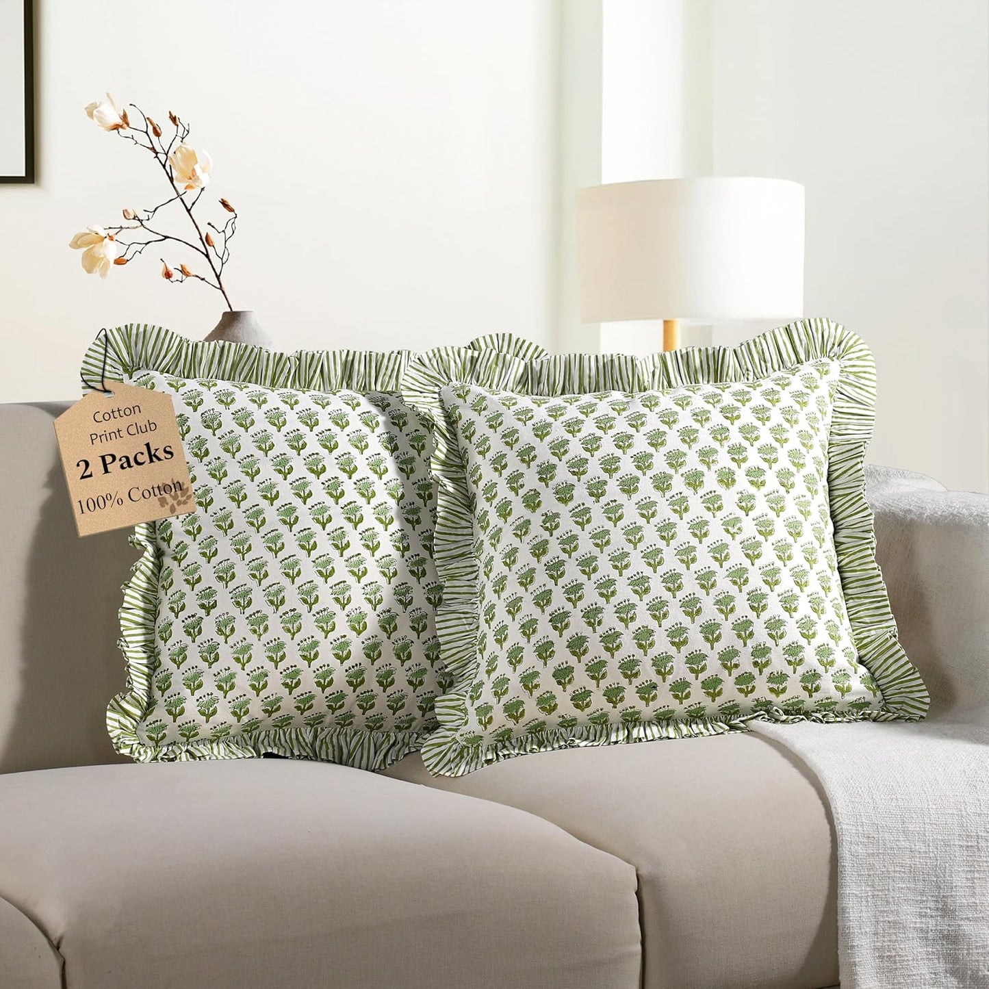 CPC Emerald Green Ruffle Throw Pillow Covers for Couch Decor